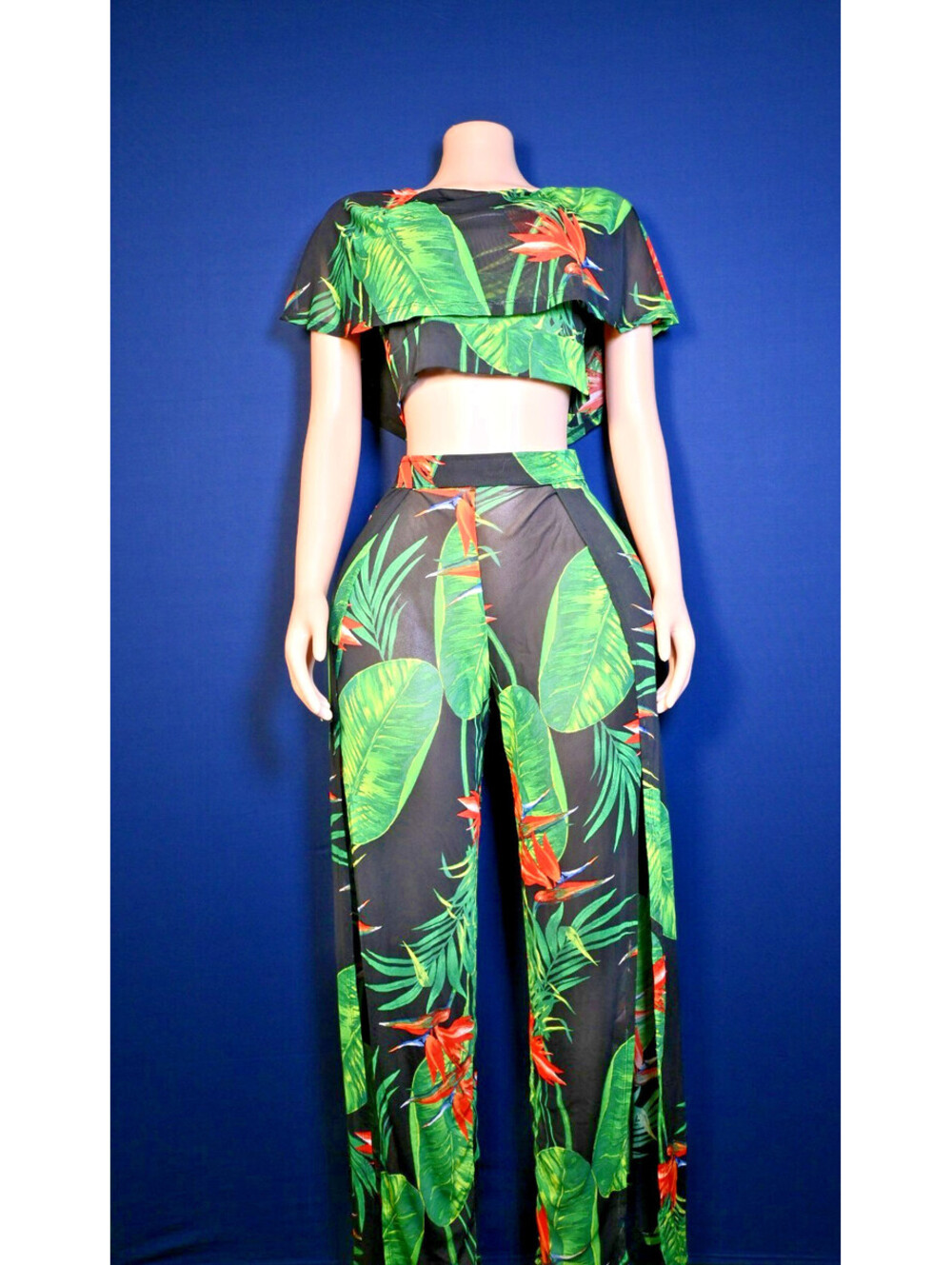 Redfox Tropical Sheer Mesh Beach Cover Up Wide Leg Pants Floral Size M-L READ..